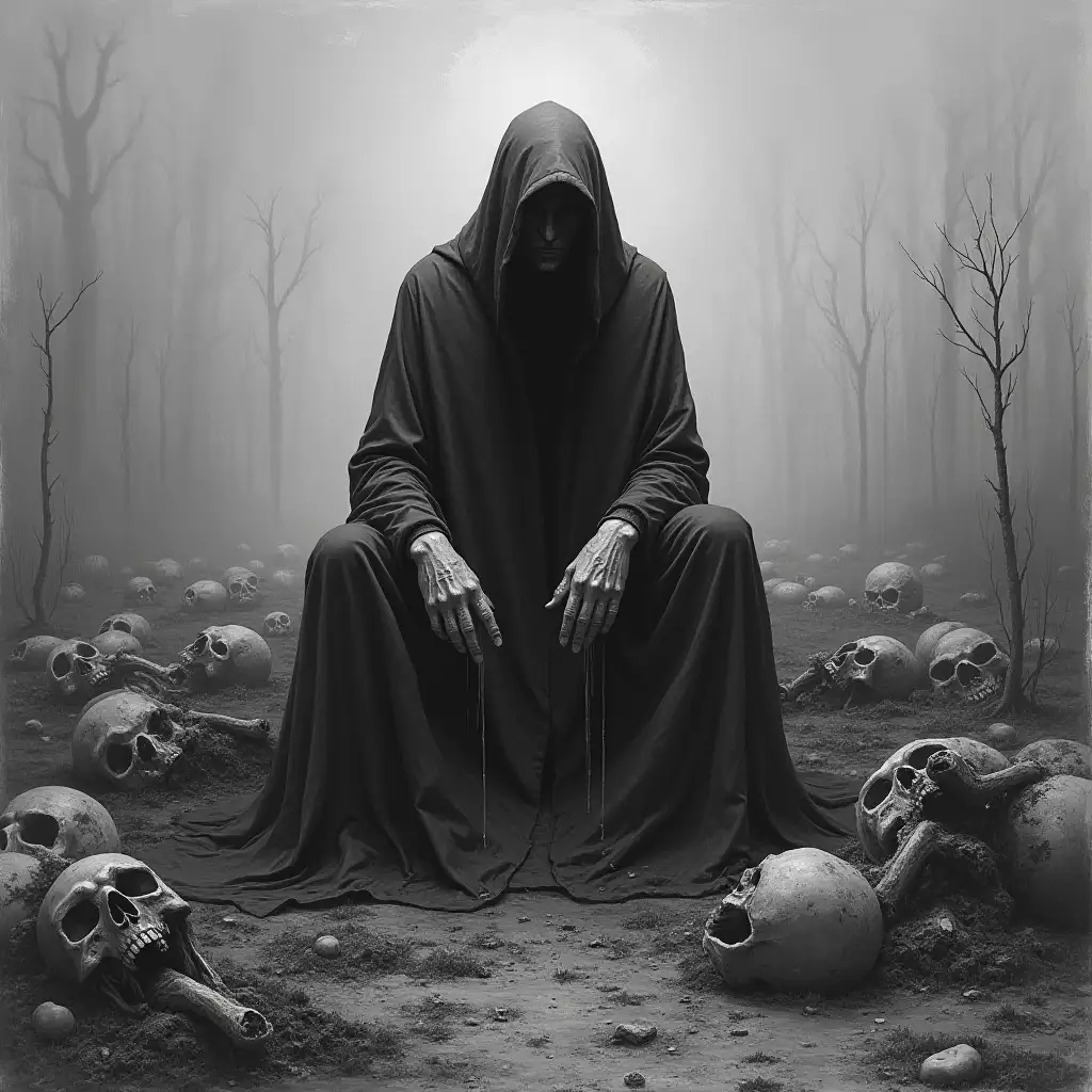 Disheveled-Dr-Doom-Sitting-on-Corpses-in-a-Wasteland-BeksinskiInspired-Black-and-White-Painting