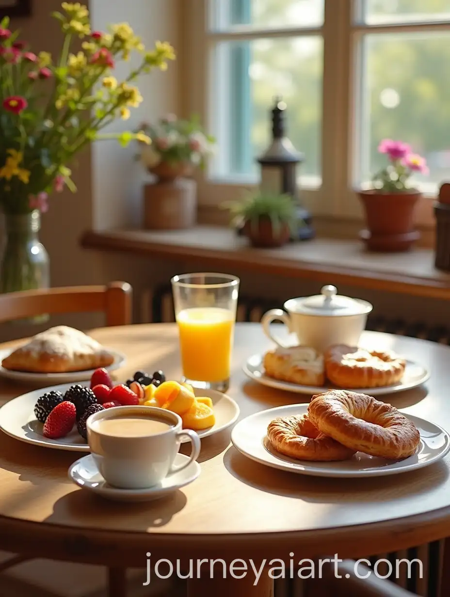 Cozy-Sunlit-Kitchen-with-Gourmet-Breakfast-Spread