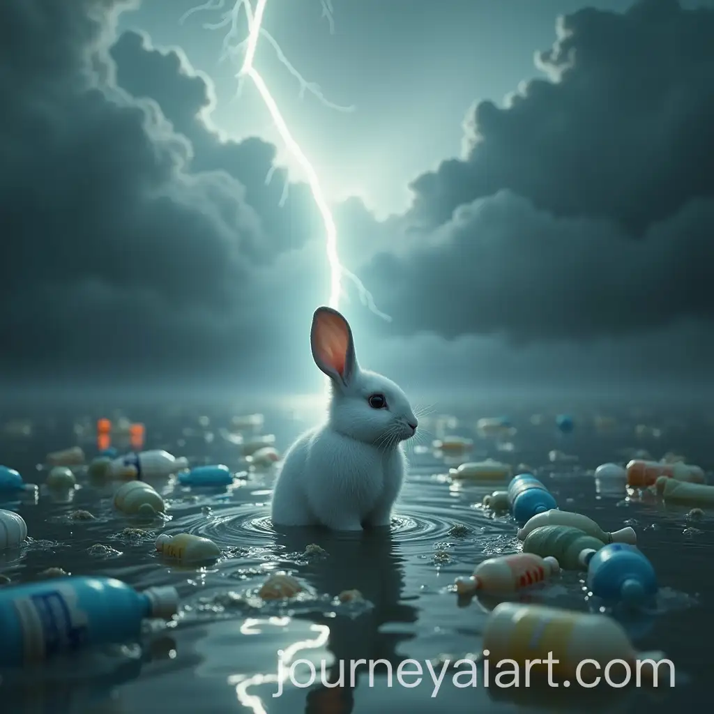 Lonely-White-Rabbit-Amid-Flooded-Debris-with-Lightning-Sky