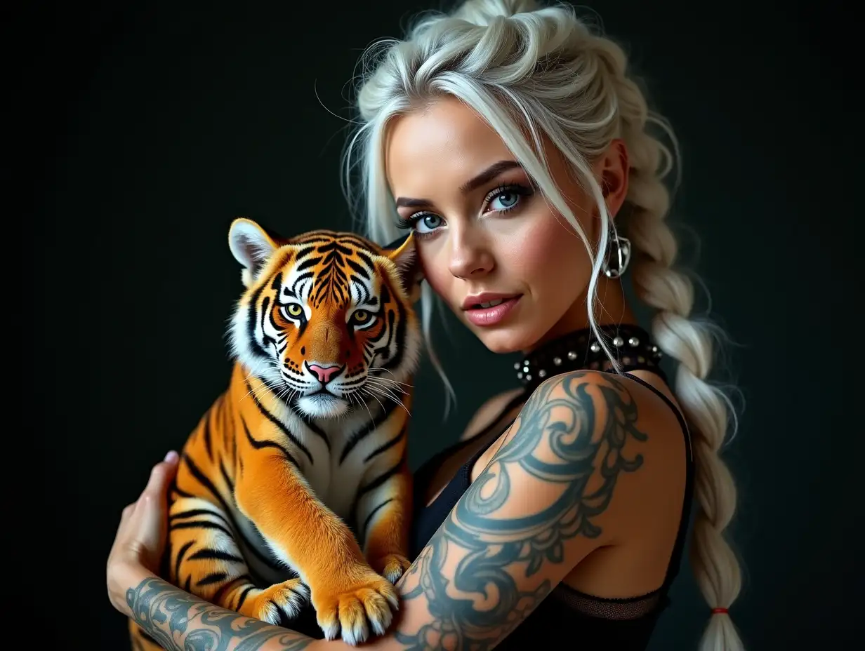 Woman with a -tattoo, futuristic long white-black hair, braided and laced up Steampunk boots, holding a tiger baby - intricately detailed and colorfully worn and future jewelry. Background unfocused, black 120-mm shot