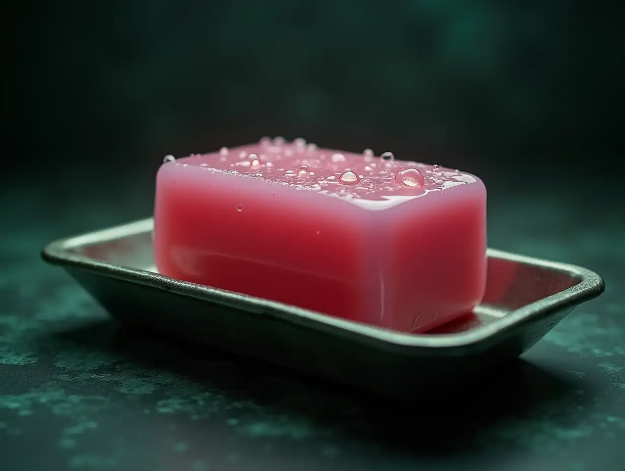 A photorealistic wet pink soap on a small flat rectangular steel soap dish with the name Game Club carved, as bas-relief and as the one in Fight Club Movie Poster, Macro Canon EF 50 mm lens, lots of chroma aberrations, grainy Kodachrome film cross-processed, shallow depth of field in a gloomy greeny dark lighting