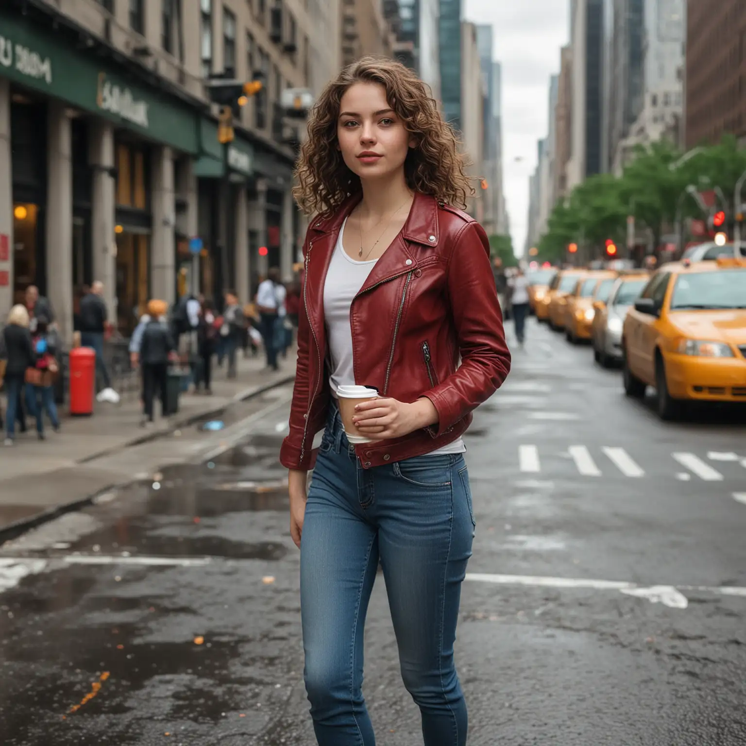 - **Character**: A young woman in her late 20s, with fair skin, shoulder-length curly brown hair, and green eyes. She has a small beauty mark under her left eye and wears light makeup with a natural look. She is wearing a fitted red leather jacket over a white V-neck t-shirt, blue skinny jeans, and black ankle boots with a slight heel. She has a silver necklace with a small pendant and is carrying a black leather handbag on her left shoulder. Her posture is relaxed yet confident, with her right hand holding a paper coffee cup with a white lid.
- **Environment**: She is standing on a busy New York City street during the late afternoon. Tall skyscrapers surround her, and the street is filled with yellow taxis and people walking. The pavement is slightly wet from a recent rain, and the streetlights are just beginning to glow. The sky is cloudy, casting a soft, diffused light over the scene.
- **Image Quality**: The image should be ultra-realistic and produced at a high resolution of 4K (3840x2160 pixels), ensuring sharp details and textures. The character's appearance must remain consistent across all images in this series, with the same clothing, pose, and expression.