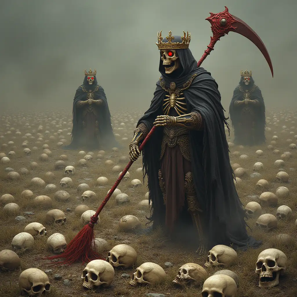 in the middle of a field filled with skulls, three skulls wear a crown, a standing skeleton holds a red scythe and sweeps the skulls in front of him