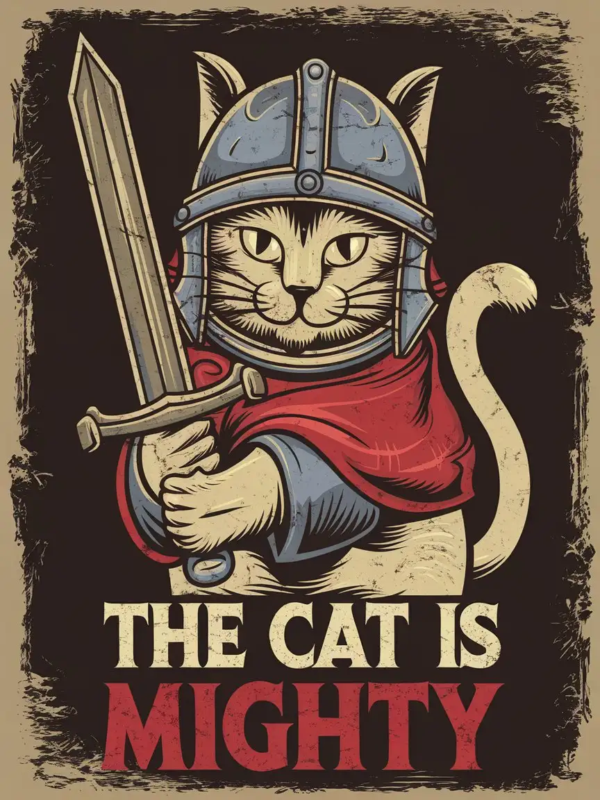 design for t-shirt, dungeons and dragons cat, old cartoon style, old school style, grunge style, no background