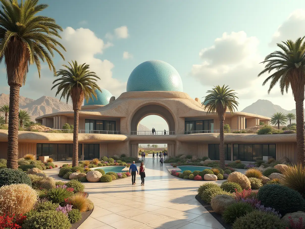 Create a high-resolution, realistic panorama image of a futuristic terrace building with window globe palace with bridge, one and one with people, many plants and colorful flowers White and brown facades in front of the sidewalk of the desert oasis, large trees, very cloudy sky