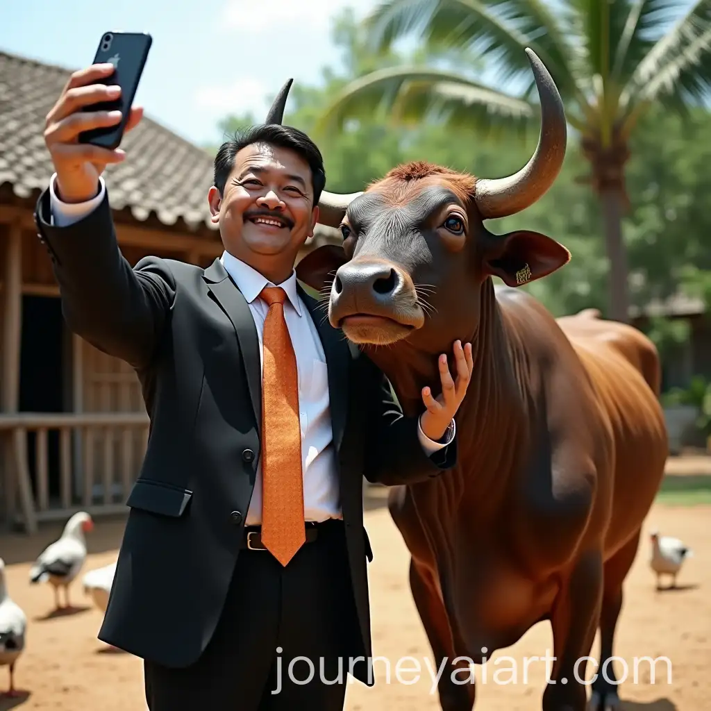Humorous-Malay-Man-Taking-aAI-Image-Prompt-Expansion-Selfie-with-a-Bull-in-a-Traditional-Village-Setting