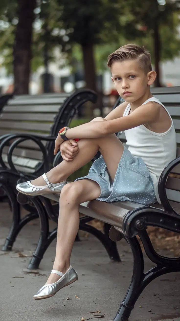 little young german boy wearing white tanktop and light blue denim mini skirt with white dots and silver mary jane ballet flats and sitting on a park bench and cross legs and long legs
