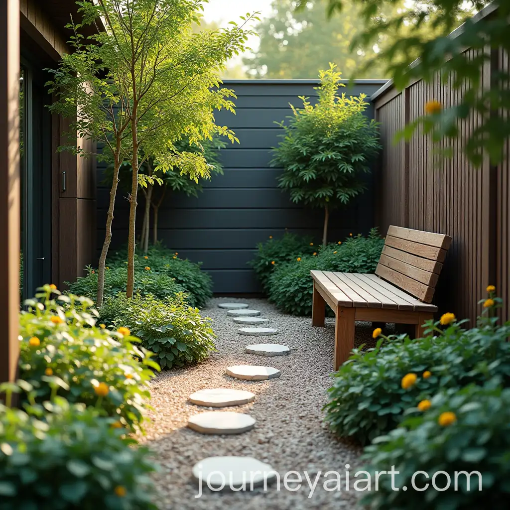 Serene-Outdoor-Setting-with-Wooden-Bench-Shrubs-and-Stepping-Stones