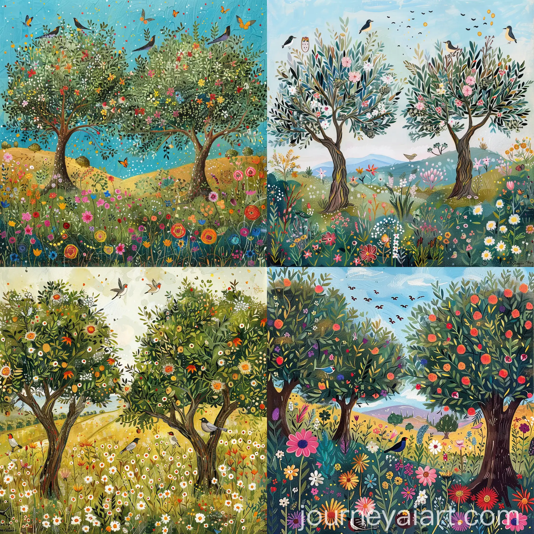 Tranquil-Meadow-Scene-with-Olive-Trees-Flowers-and-Birds