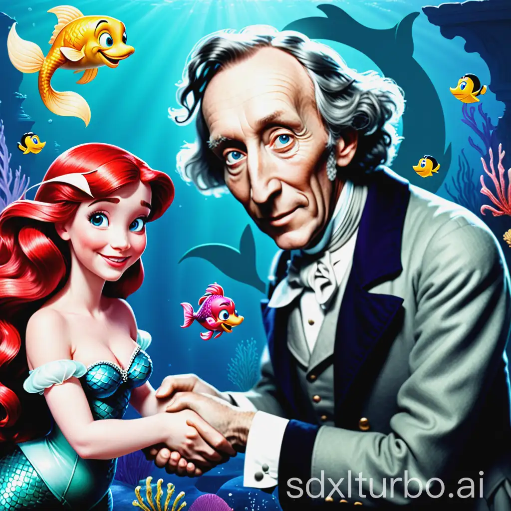 Hans-Christian-Andersen-Handshaking-with-ChatGPT-and-The-Little-Mermaid-Illustration