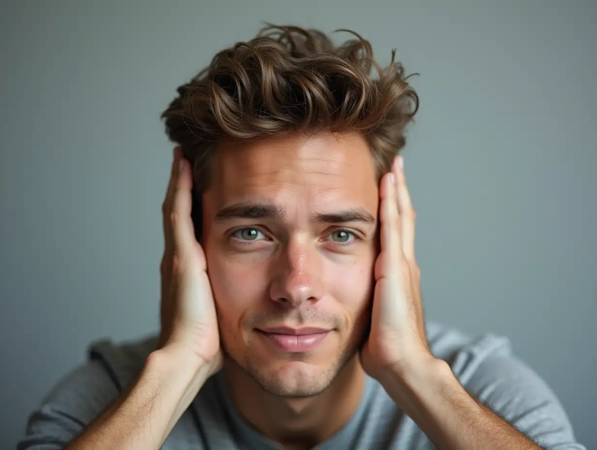 Closeup portrait handsome, peaceful, tranquil, looking relaxed, young man covering his ears, observing isolated on gray wall background