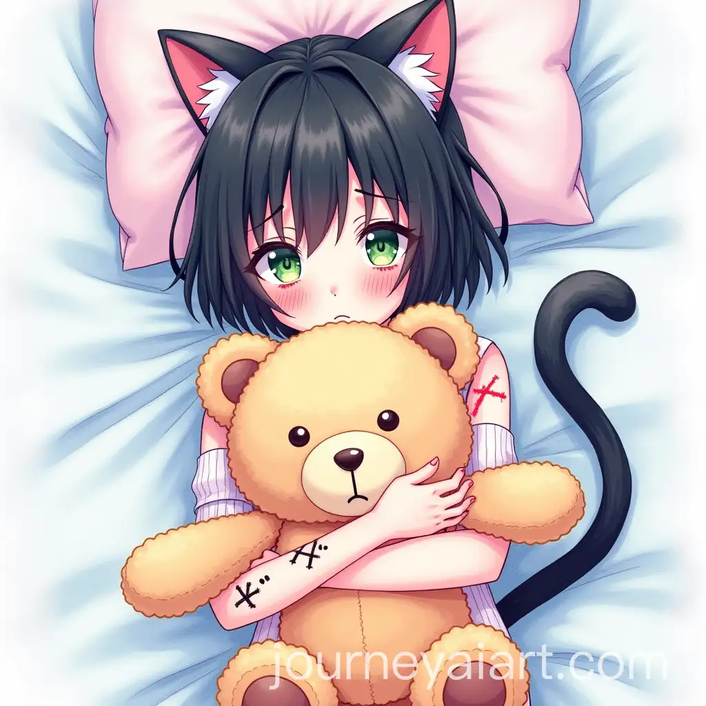 Sad-Cat-Girl-Crying-with-Teddy-Bear-on-Bed-Anime-Manga-Drawing