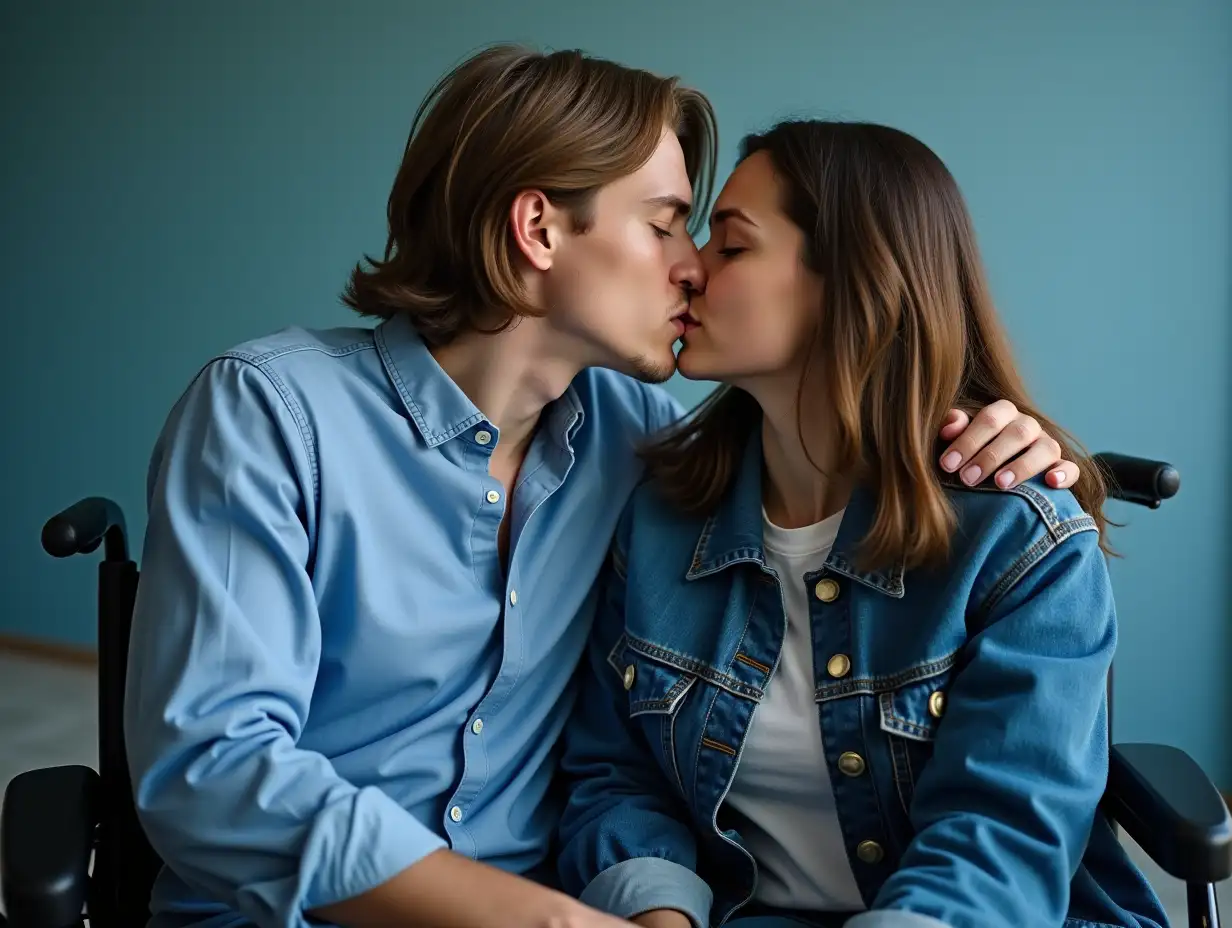 Young-Couple-in-a-Wheelchair-Embrace-in-a-Blue-Room