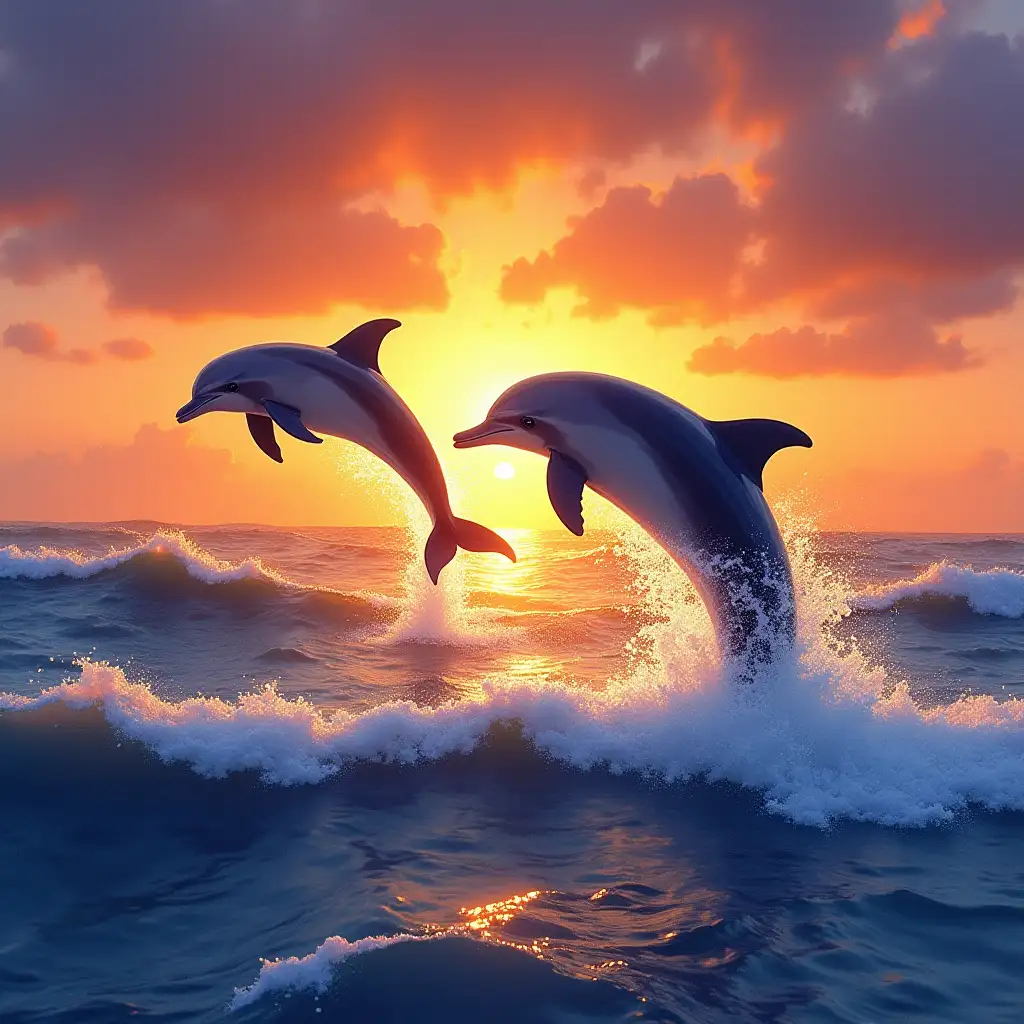 Watercolor style. Two dolphins leaping out of the ocean at sunset, their bodies sleek and glistening, against a backdrop of vibrant orange and purple hues. The water is choppy, creating whitecaps that sparkle in the golden light. Beautiful sunset background.