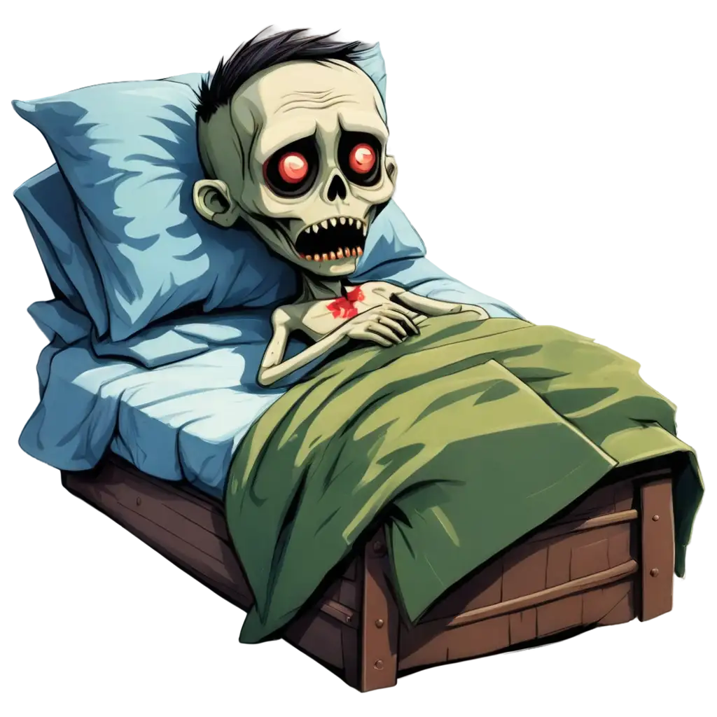 cartoon Zombie boy sleeping in bed, under blanket