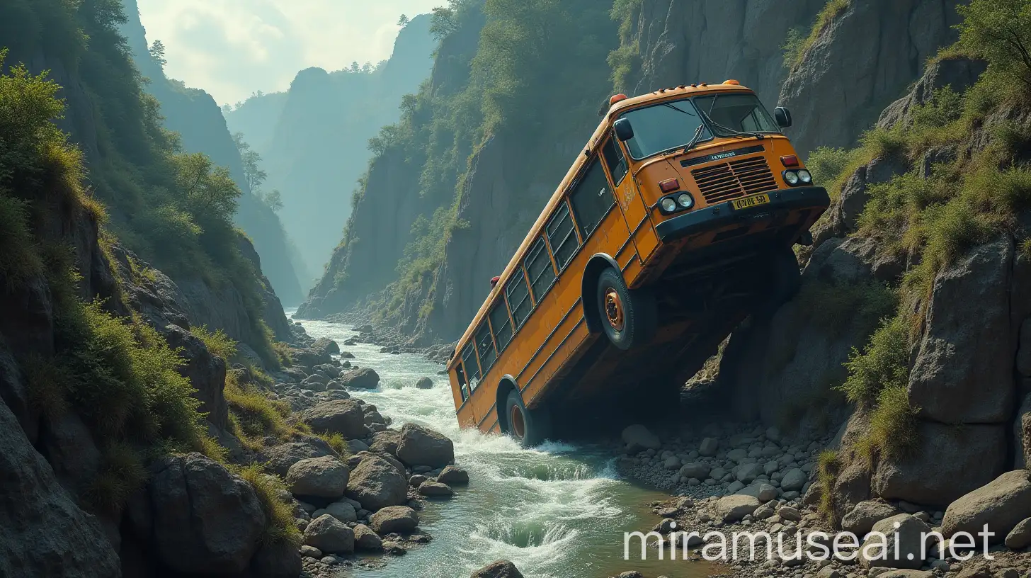 Bus Falling into Deep Gorge in India Realistic Image