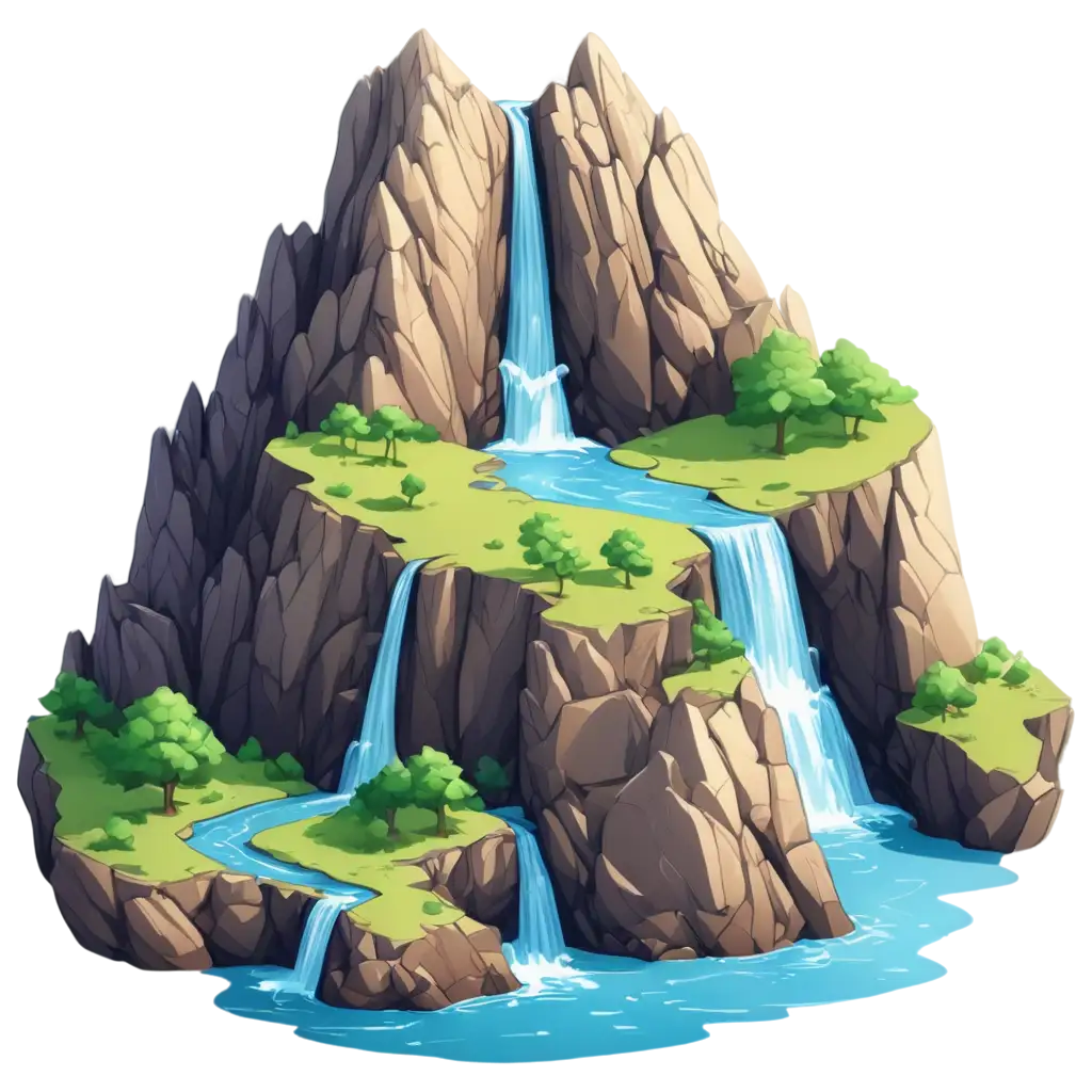 Detailed-Cartoon-Illustration-of-Mountain-with-River-and-Waterfall-in-PNG-Format