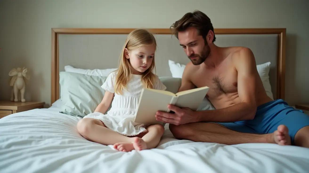 seven year old blonde girl in short white baby doll nightgown feet and legs visible leaning back on pillows at head of bed beside dad in blue running shorts reading her a story