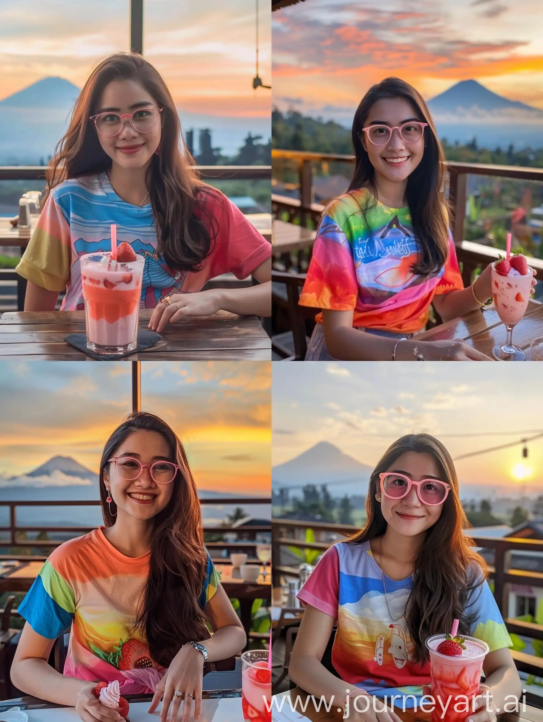 Happy-Asian-Woman-Enjoying-Strawberry-Milkshake-Ice-Cream-at-Sunset