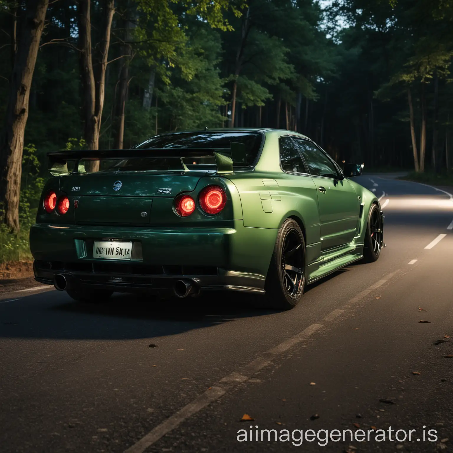 Green-Nissan-Skyline-R34-GTR-on-Oak-Forest-Road-at-Evening