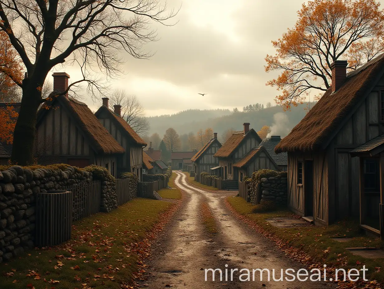 Photorealistic Prussian Hamlet Scene in 1806 Quaint Village Life Captured in Autumn