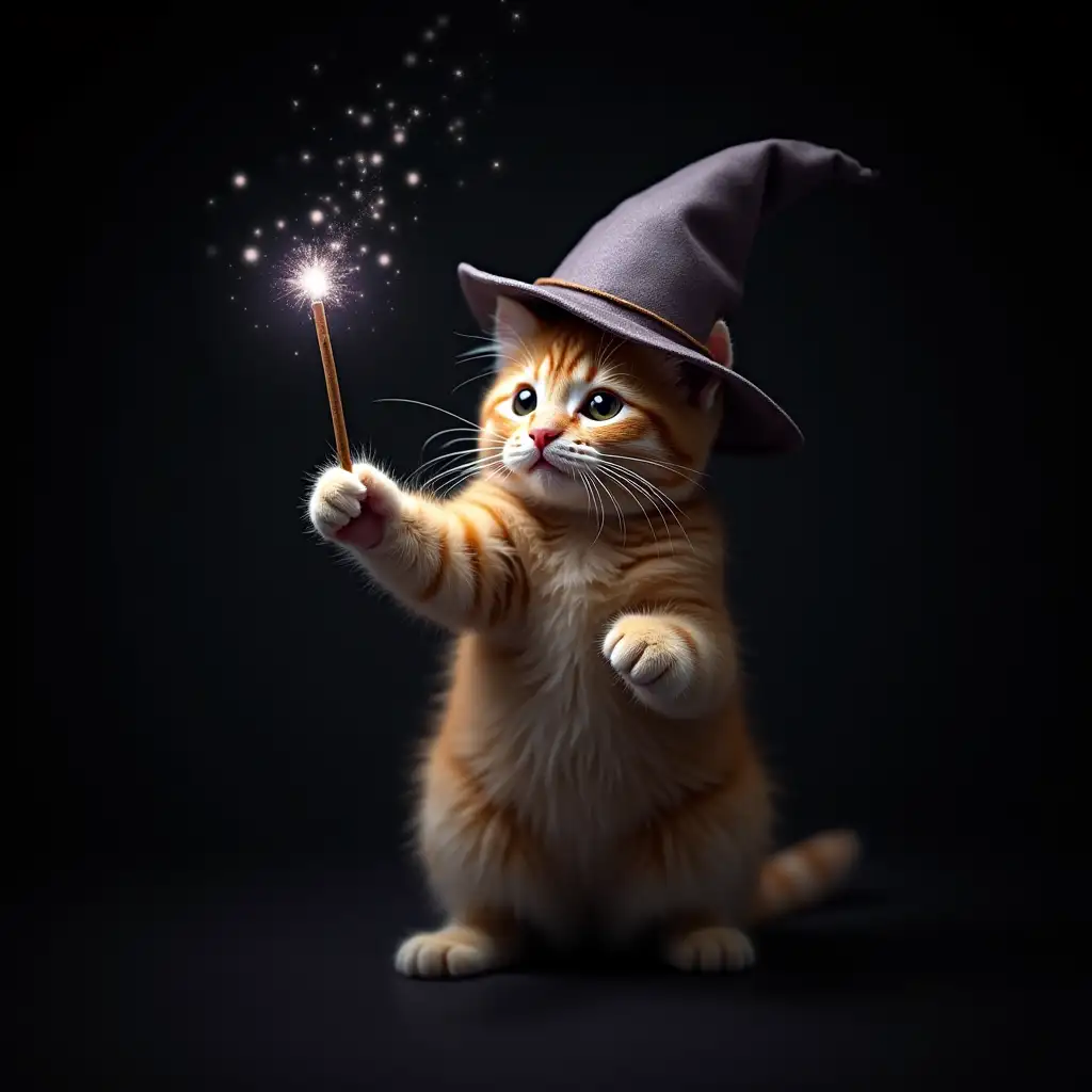 a cat, a magic wand in its paw, a magician's cap on its head, a dark background, sparkles around