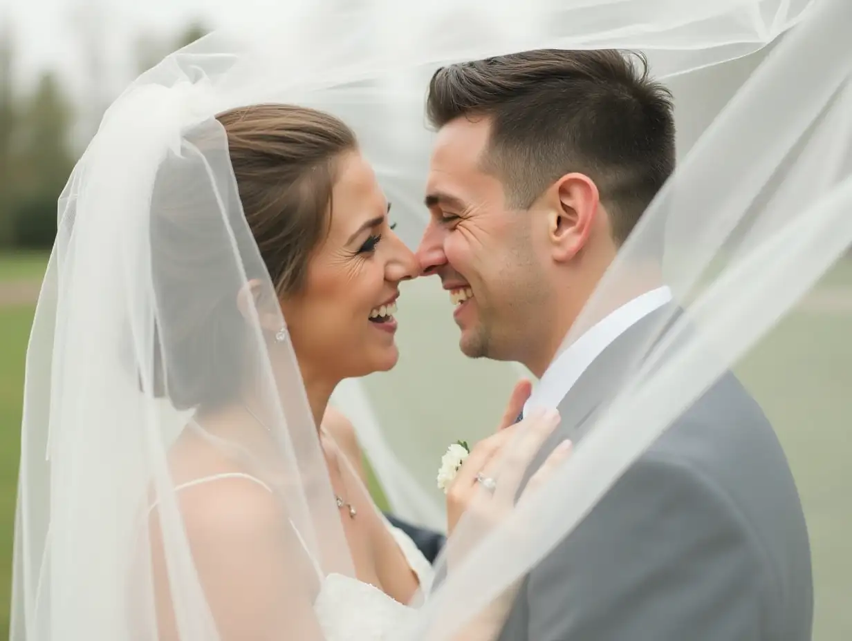 Intimate-Newlywed-Couple-Sharing-a-Veil-on-Wedding-Day