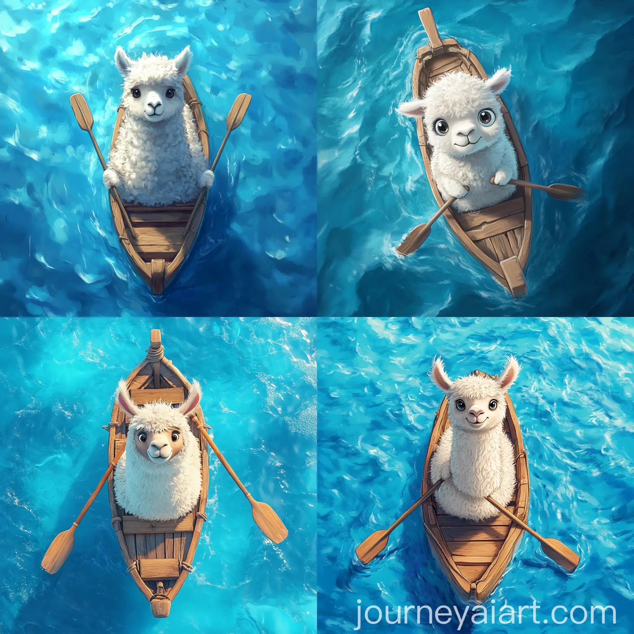 Cartoon-Lama-Sailing-in-Blue-Ocean-Wooden-Boat