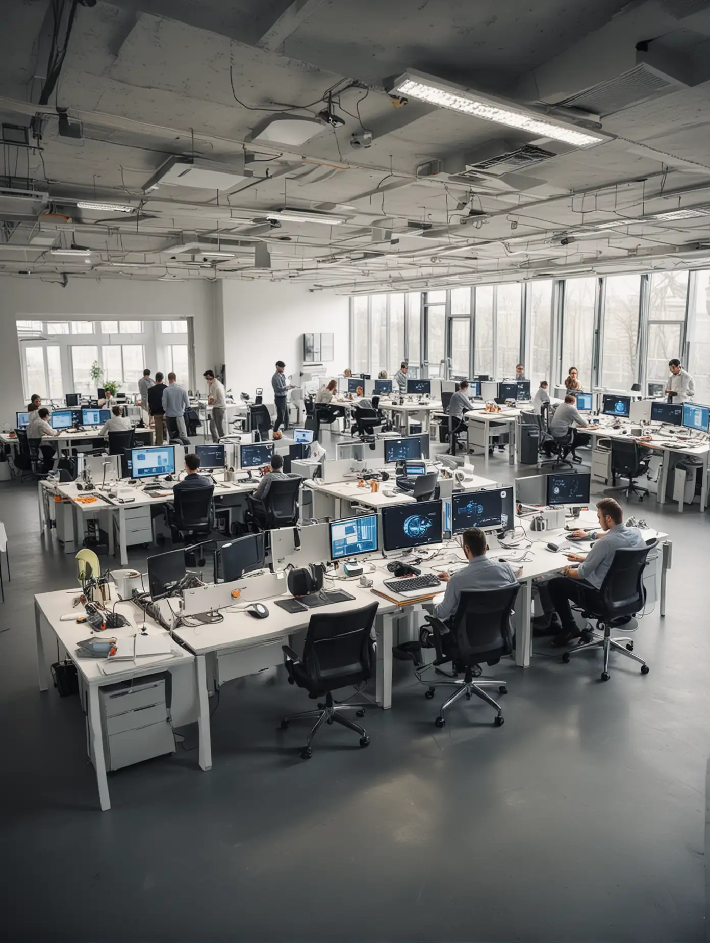 Team of engineers and specialists working in a modern office, high-tech environment with computers and smart devices around.