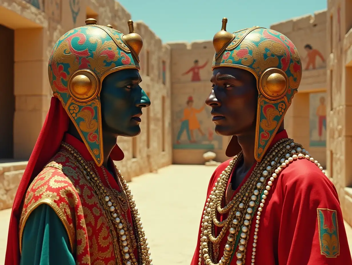 Two-Men-with-Enigmatic-Faces-in-Psychedelic-Outfits-at-an-Archaeological-Site