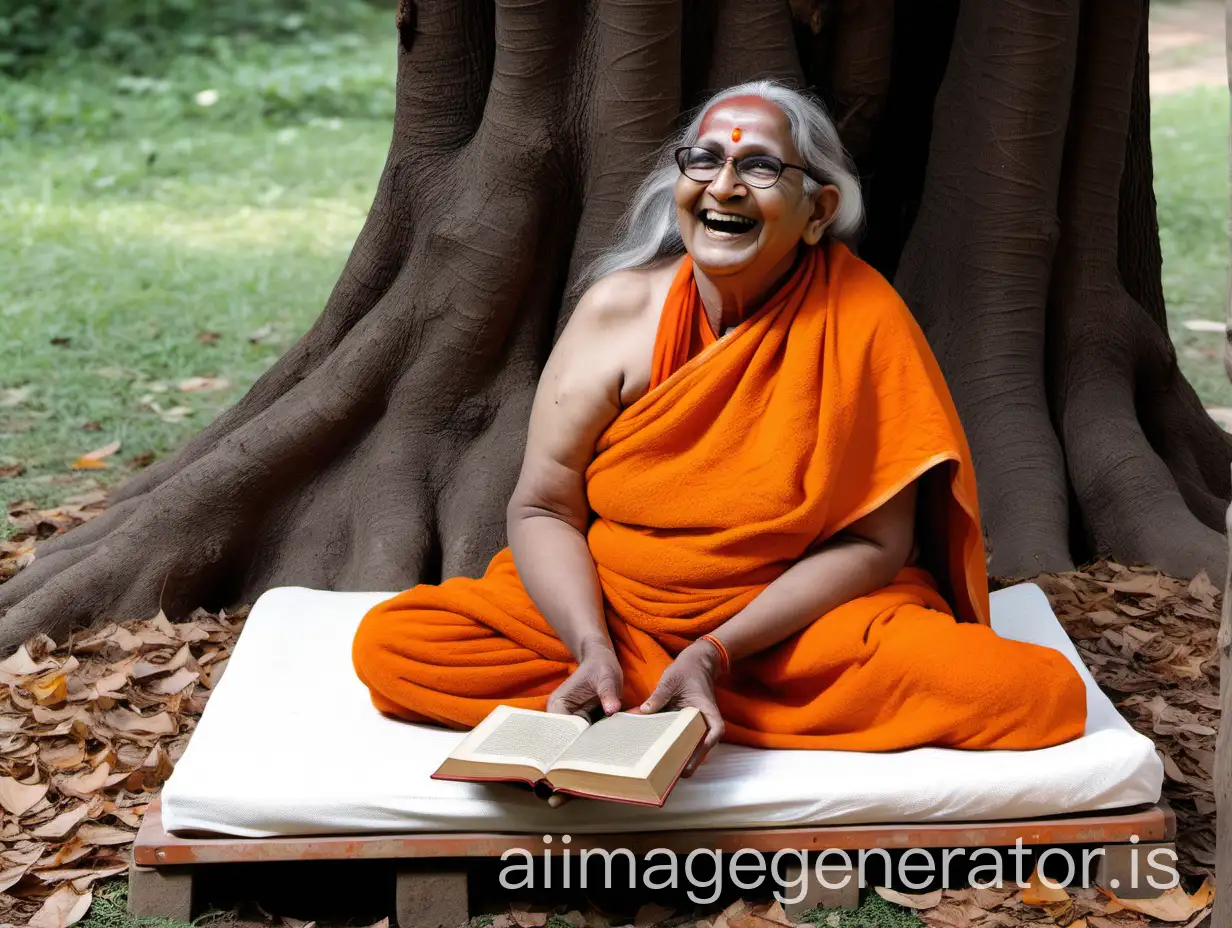 Elderly-Hindu-Woman-Monk-Laughing-with-Holy-Book-in-Ashram-Setting