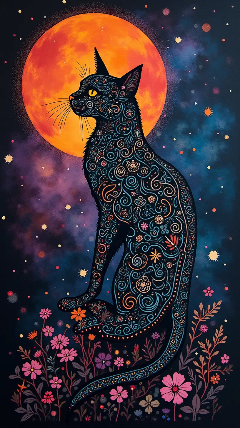 Intricate Cat Designs in MultiColor Scratchboard Art Against a Nebula Background