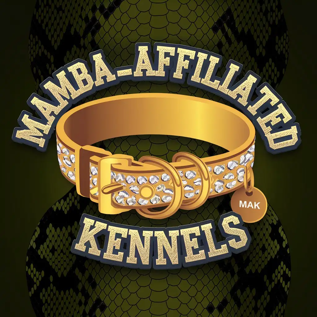 LOGO Design for Mamba Affiliated Kennels Golden Dog Collar on Green Snake Skin Background