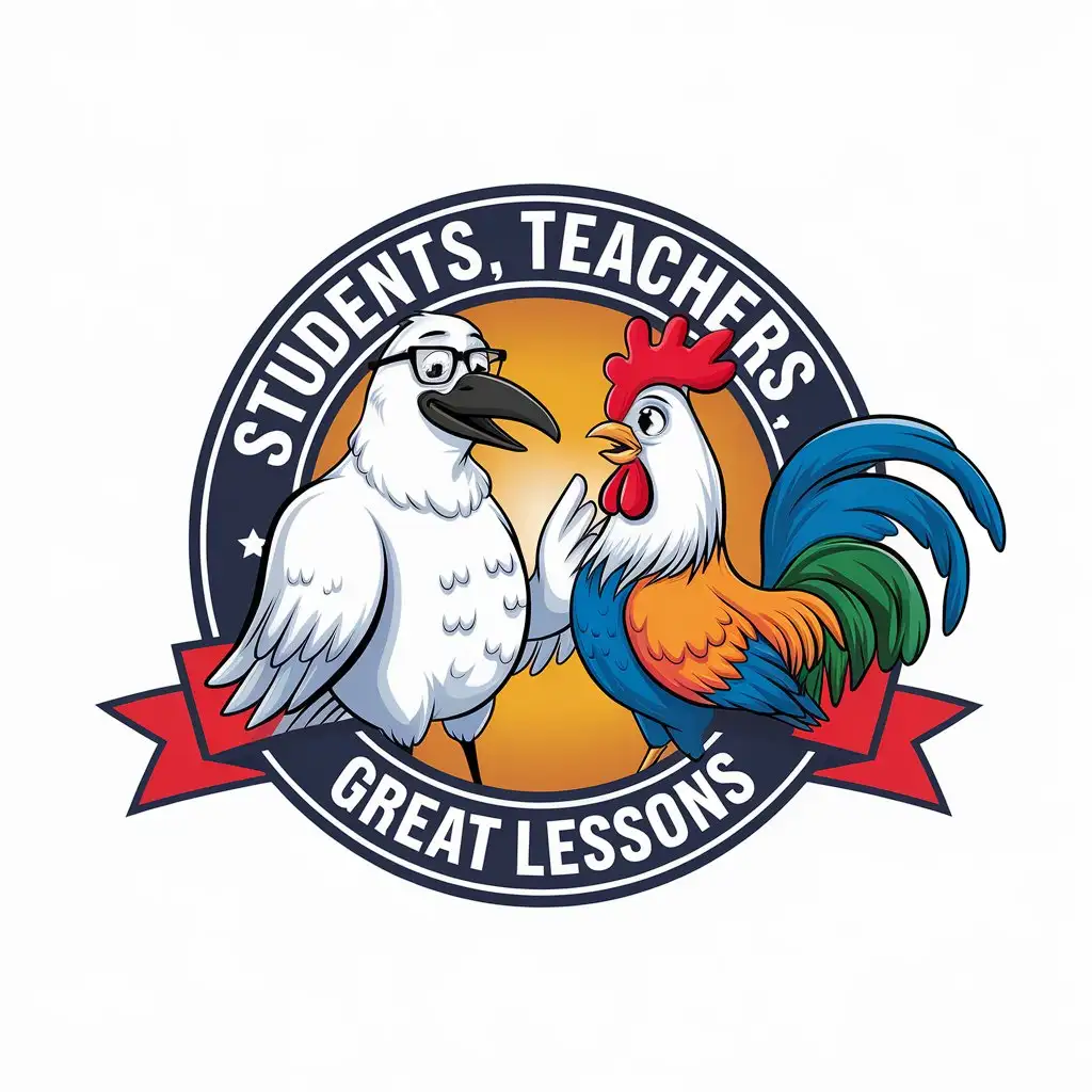 LOGO Design for Education Funny White Crow and Colorful Rooster in Glasses