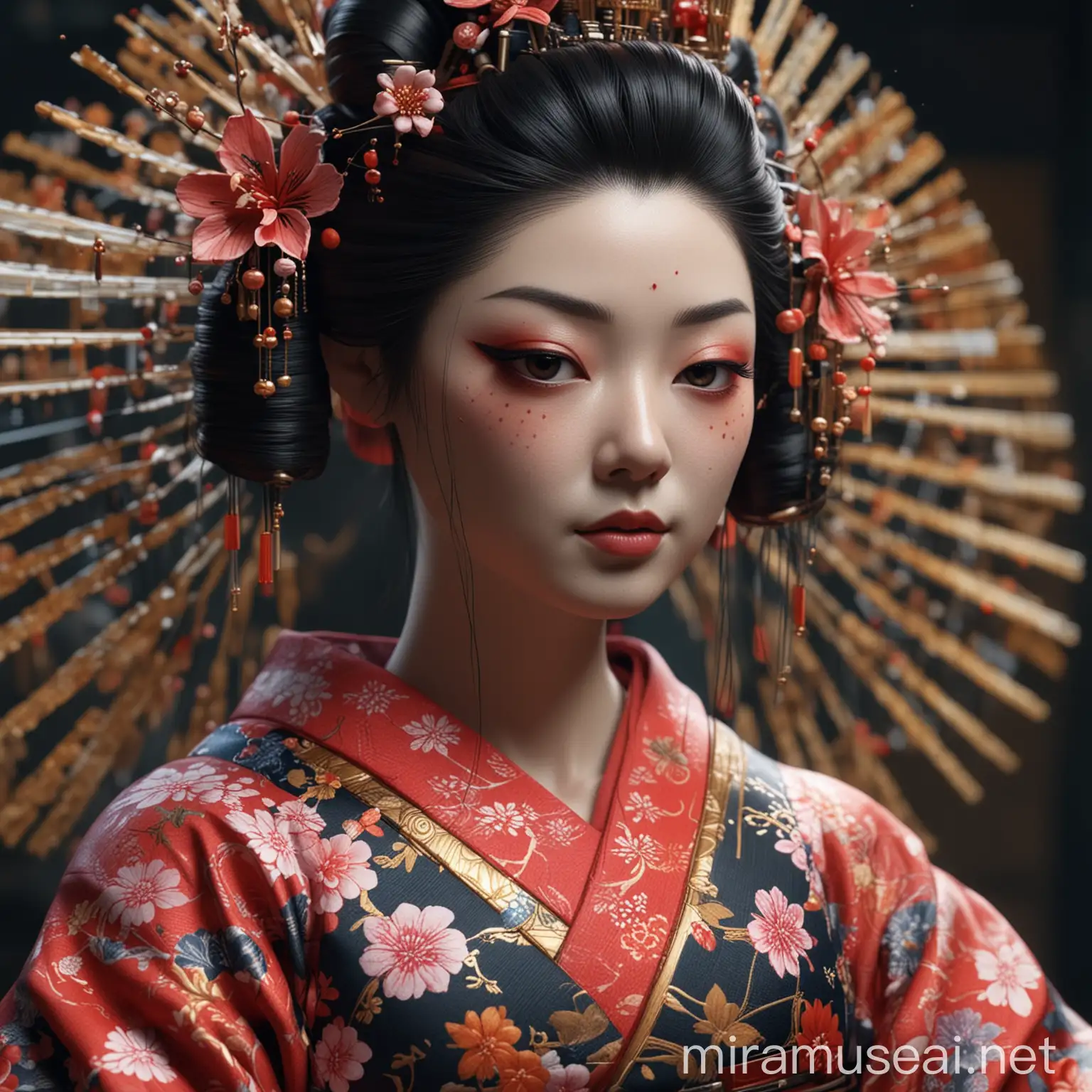 Android Geisha in Intricate Floral Kimono Robotic Fusion Art