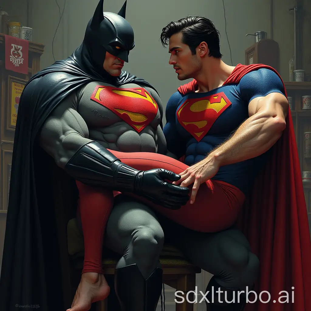 Handsome Superman, sitting on a chair with his hairy bare feet and hairy legs exposed. Batman's face is very close to Superman's hairy foot.   Batman's tongue is sticking out. The joker is in the background laughing.