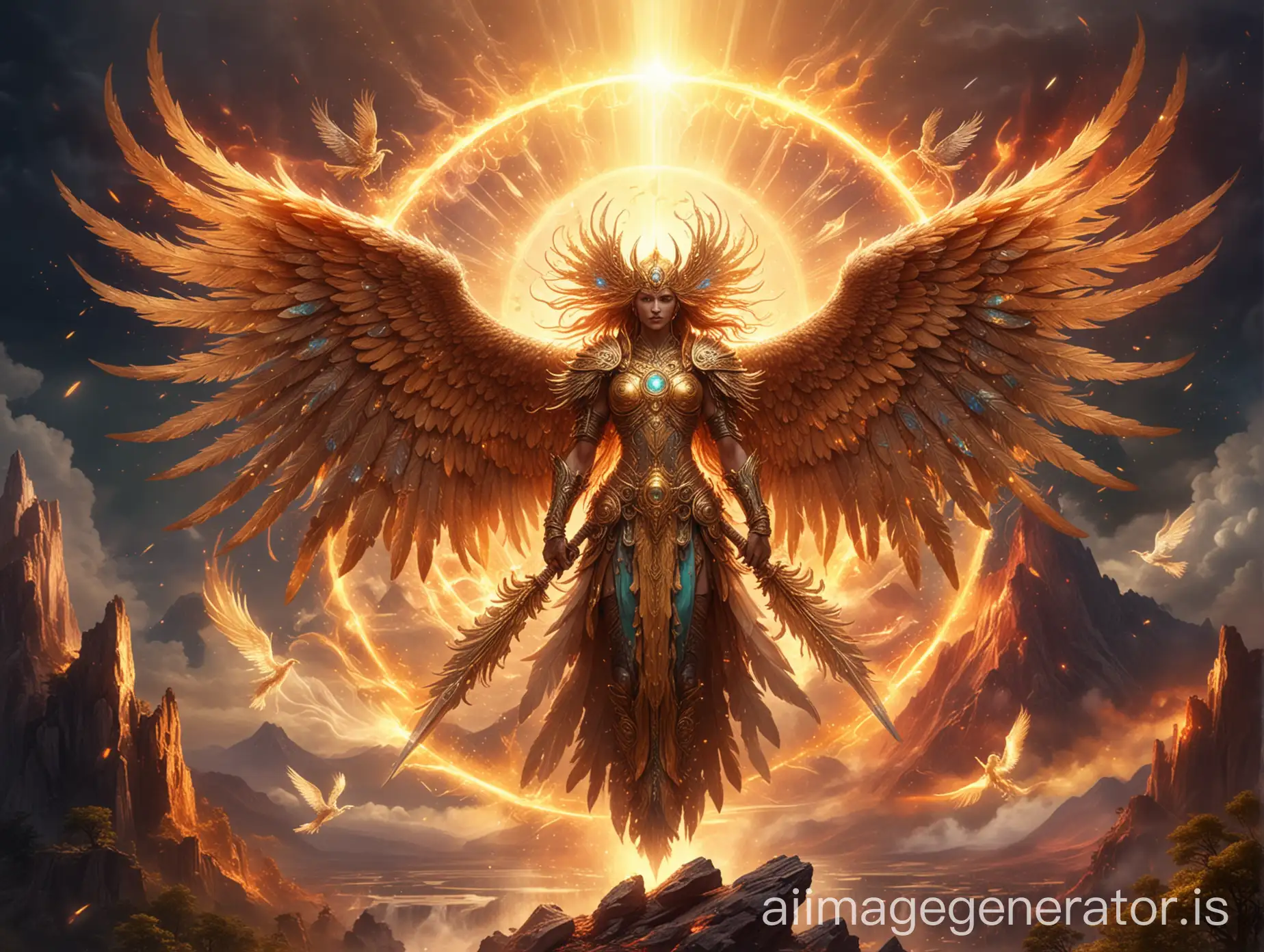 Ancestral-Celestial-Phoenix-with-Mythical-Armor-and-Seraphim-Wings-in-a-Sacred-Volcano