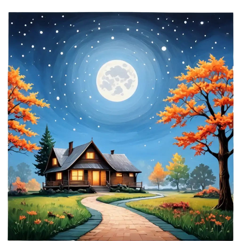 Moonlight-Art-with-Colorful-Tree-Hut-Deer-and-Path-to-Home-in-PNG-Format-for-Stunning-Visual-Clarity