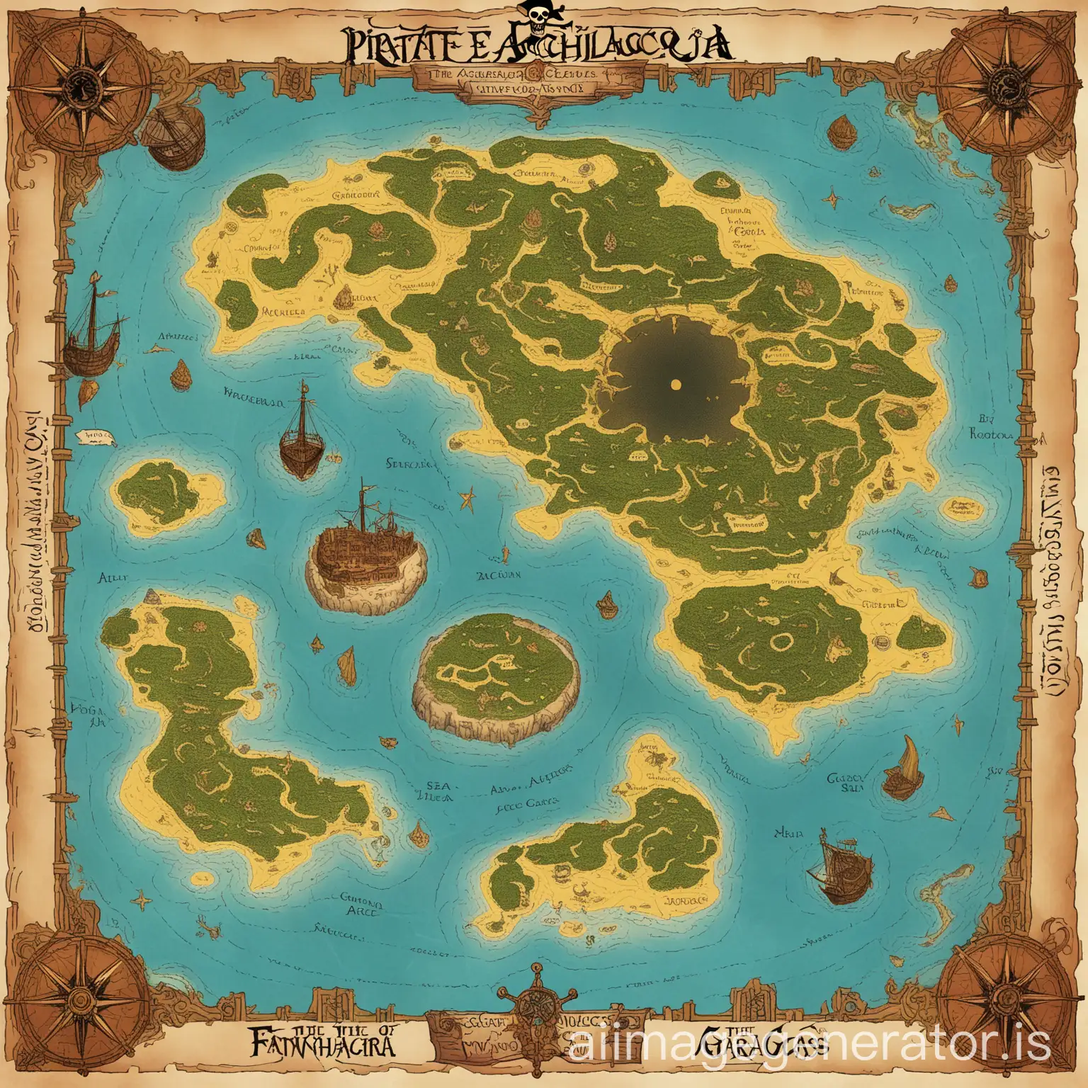 Map of the Pirate Archipelagos of Fantacría Génica Map Archipelago Haraka,. Sea of Rotated Echo, Isles of the Wandering Sun, The Coast of the Giants,. The Archipelago of the Silenced Voices (type one piece)