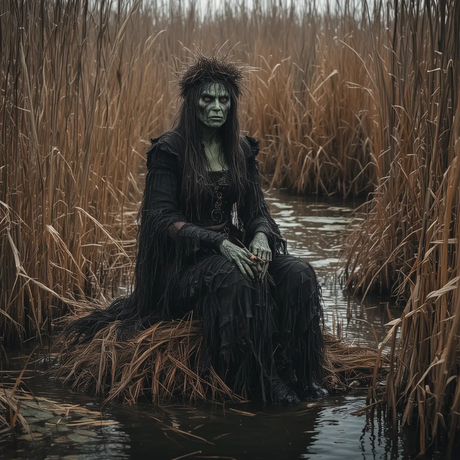 A mean looking Swamp Witch sitting amongst the reeds
