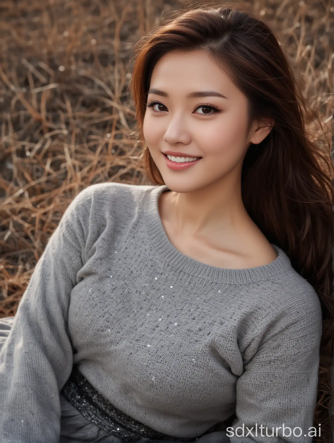 Chinese-Beauty-with-Sweet-Smile-Lying-on-Prairie-in-Winter-Night