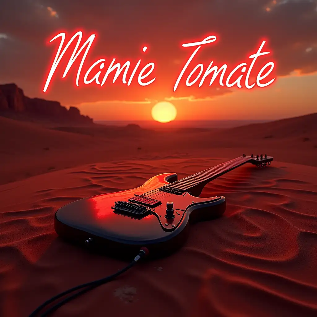 propose to me a concert rock poster in an American desert setting at sunset with a large electric guitar lying down crossing the landscape, and put the name Mamie Tomate in red neon as the title