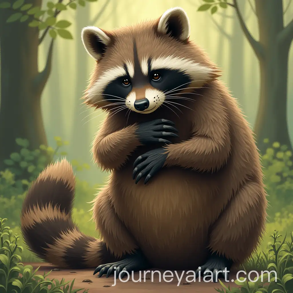 Raccoon-Bowing-in-Forest-with-One-Paw-on-Chest-and-Raised-Leg