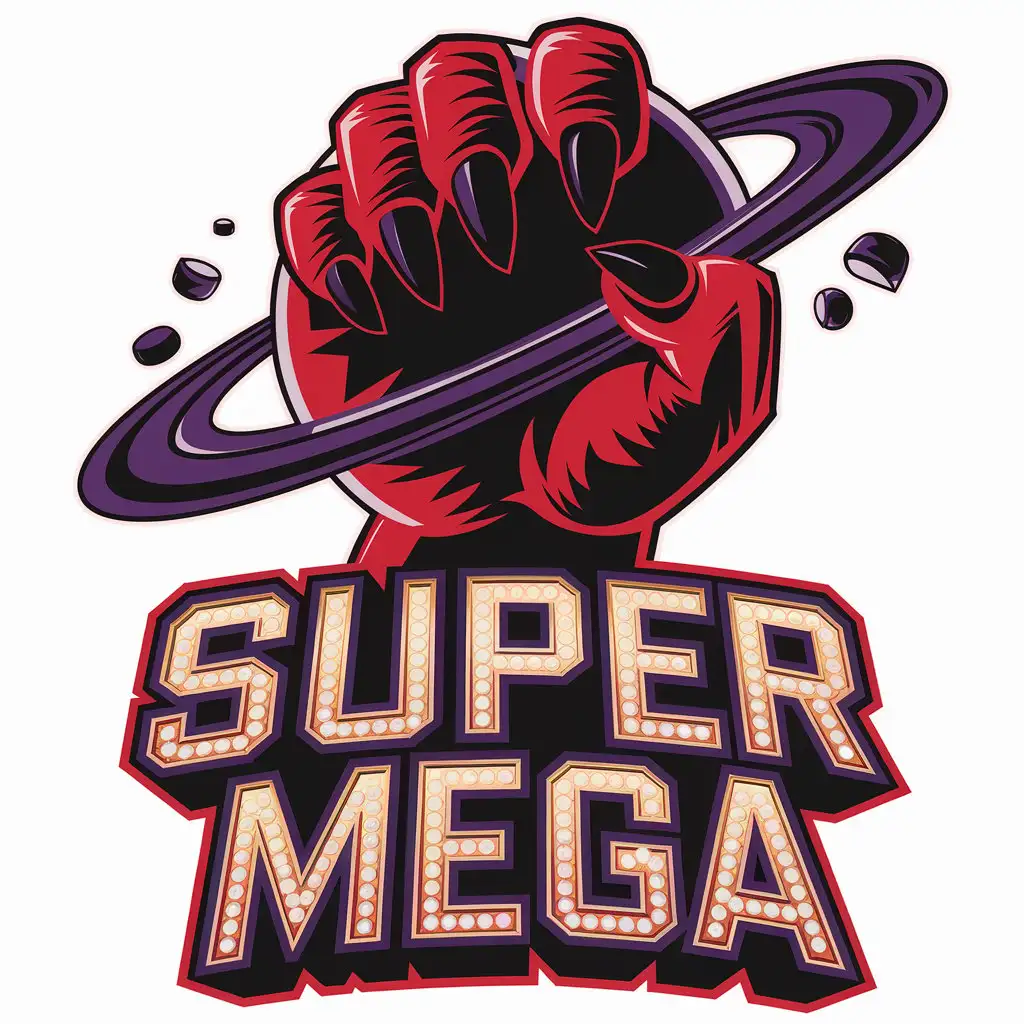 LOGO Design For SUPER MEGA Red Monster Hand Gripping Planet with Gold Font