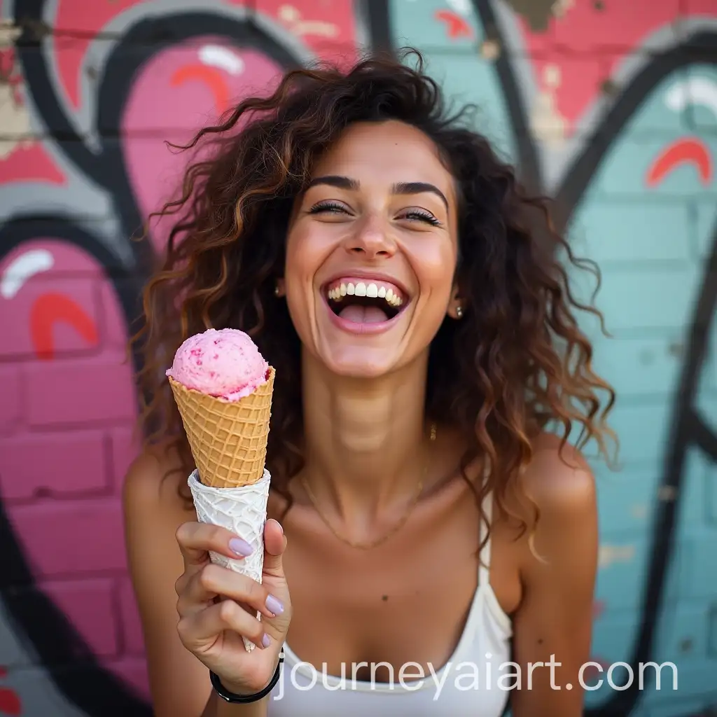 Woman-Laughing-with-Ice-Cream-Against-Graffiti-Wall