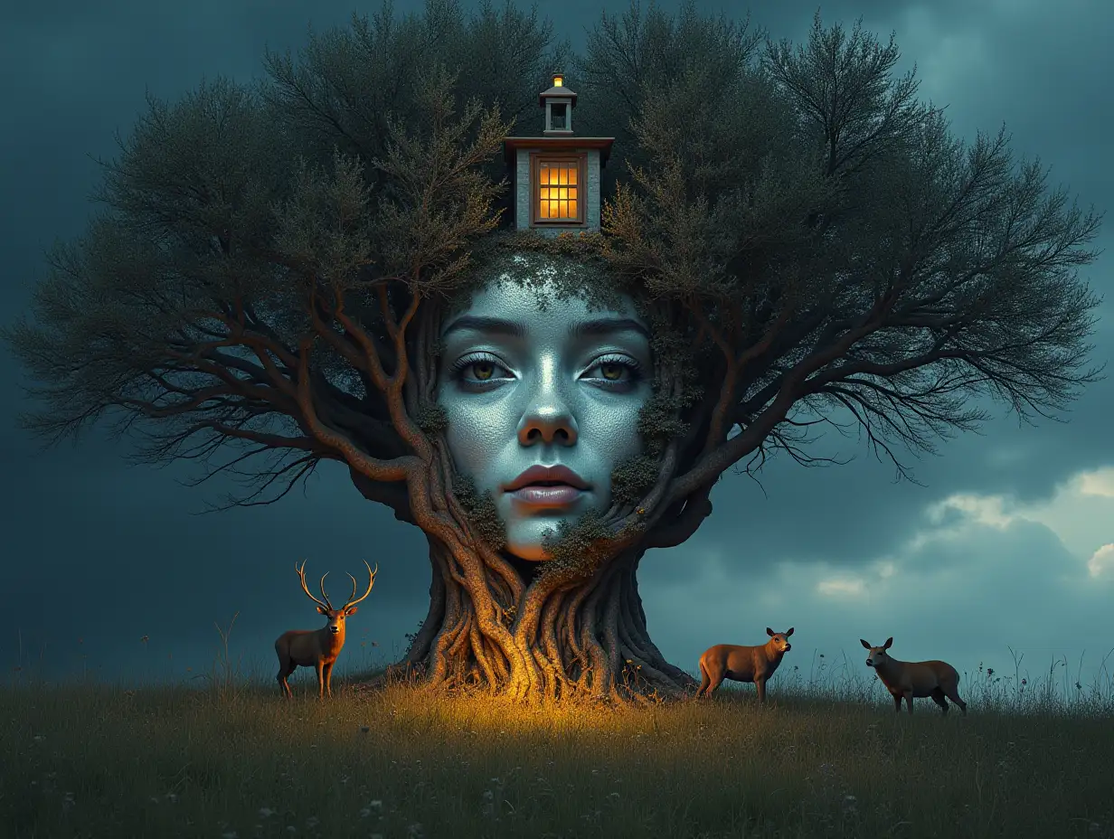 Face with hair transforms into a building with silver stone and Illuminated trees with roots and lantern on a meadow with animals looking at the viewer