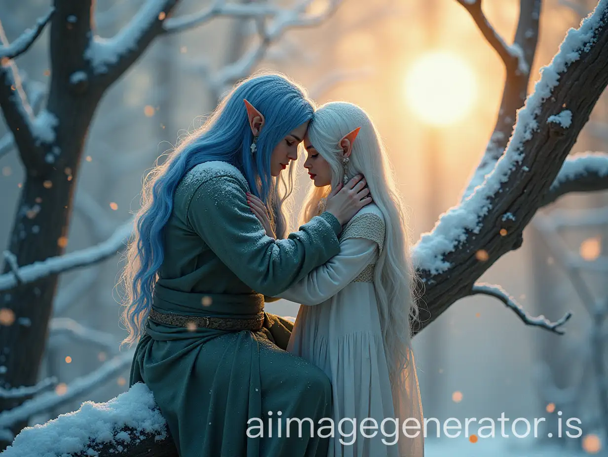 luis royo style, male blue hair, female white hair, Render an ultra-detailed, cinematic concept art in an intricate mixed media style. Picture a wintry scene featuring two fairy creatures covered in frost and snow - adult male and adult female in fantastical ethereal elven clothes hugged together sitting on a tree branch, seeking warmth under a leaf on a branch of an autumn maple tree. The scene should be ablaze with frosty white snowflakes shimmering as they tumble down. Bathing this charming sight is an ethereal light of the dying sun, casting a warm glow on the subjects while creating an enchanting bokeh in the background. The final outcome should be of epic proportion with a 16k resolution, a testament to a stunning balance of nature and artistic vision.