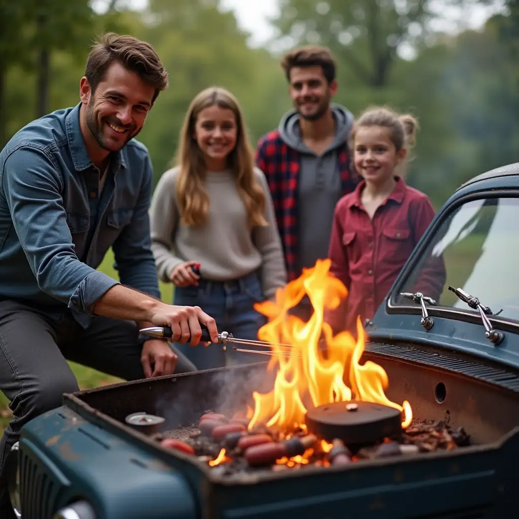 People in front of a car with the motor lid open using the burning engine to do a barbecue. Happy faces and playing kids in the background