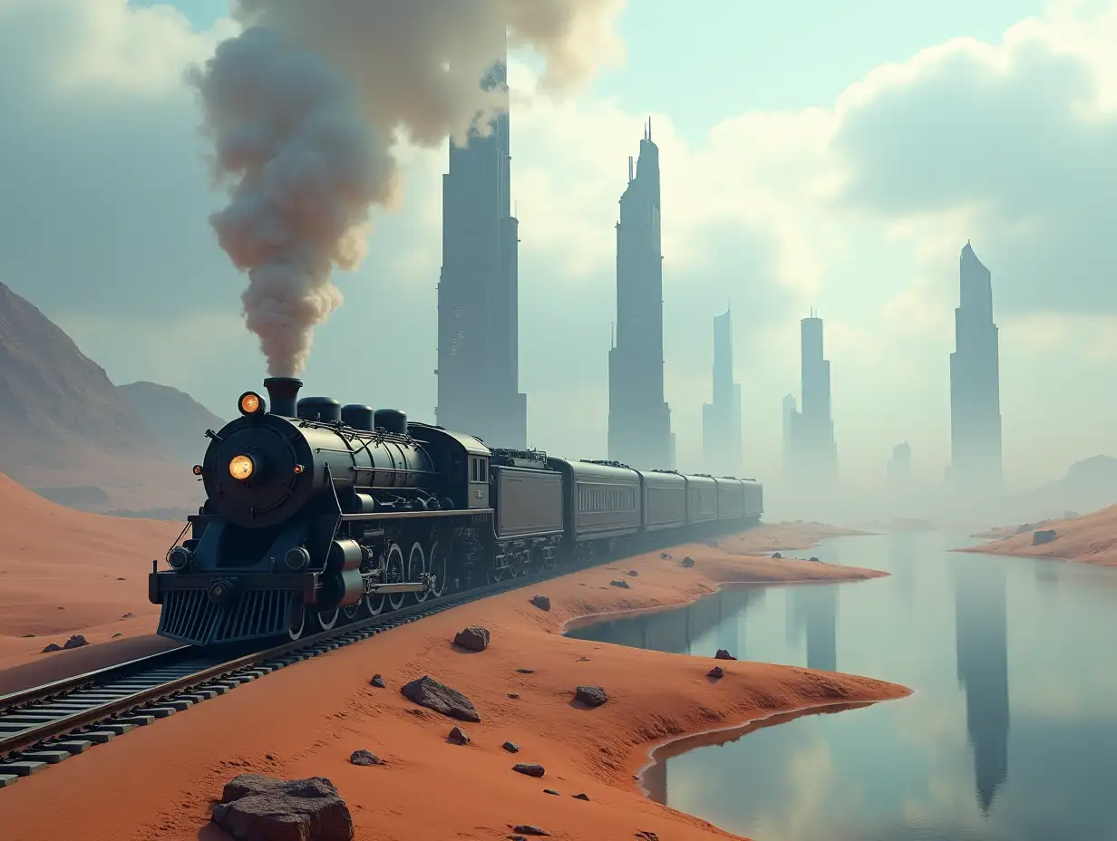 Create a high-resolution realistic image in 4k resolution: a futuristic black locomotive with white on tracks and smoke, rising in the desert, with futureistic tall buildings on either side of two lakes under a clouded sky