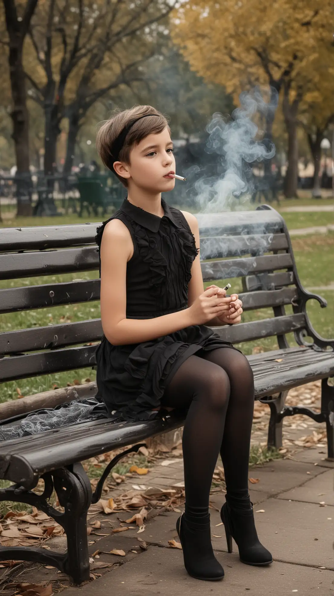 Young-Boy-in-Black-Outfit-Smoking-Cigarette-on-Park-Bench